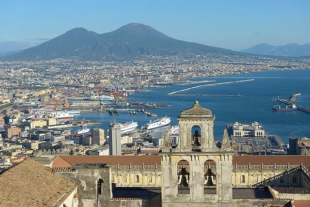 Naples harbour and the Gulf of Naples with Mount Vesuvius on the horizon, seen from Castel Sant'Elmo