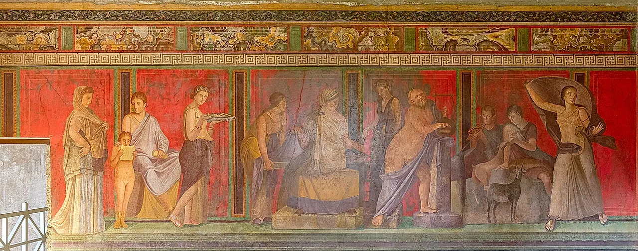 The Dionysiac frieze on the red wall of the Hall of the Mysteries in the Villa of the Mysteries